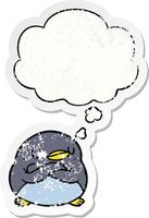 cartoon penguin and thought bubble as a distressed worn sticker vector