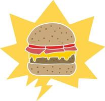 cartoon stacked burger and speech bubble in retro style vector