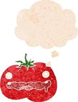 cartoon tomato and thought bubble in retro textured style vector