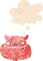 cartoon happy pig face and thought bubble in retro textured style vector