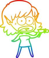 rainbow gradient line drawing cartoon shocked alien girl with ray gun vector