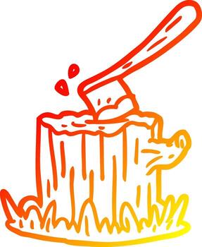 warm gradient line drawing axe stuck in tree stump vector