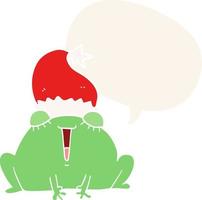 linda caricatura de rana navideña y burbuja de habla en estilo retro vector