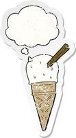 cartoon ice cream and thought bubble as a distressed worn sticker vector