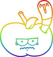 rainbow gradient line drawing cartoon worm eating an angry apple vector