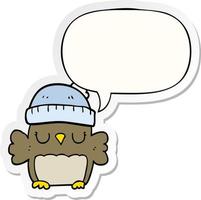 cute cartoon owl in hat and speech bubble sticker vector