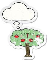 cartoon apple tree and thought bubble as a distressed worn sticker vector