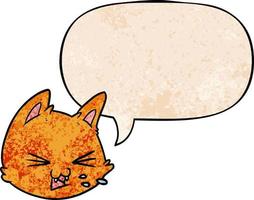 spitting cartoon cat face and speech bubble in retro texture style vector