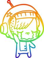 rainbow gradient line drawing cartoon crying astronaut girl waving goodbye vector