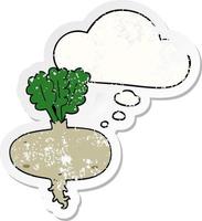 cartoon beetroot and thought bubble as a distressed worn sticker vector