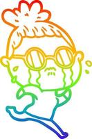 rainbow gradient line drawing cartoon crying woman wearing spectacles vector