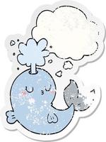 cartoon whale spouting water and thought bubble as a distressed worn sticker vector