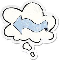 cartoon arrow and thought bubble as a distressed worn sticker vector