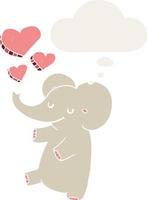 elefante de dibujos animados con corazones de amor y burbujas de pensamiento en estilo retro vector