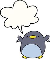 lindo pingüino de dibujos animados batiendo alas y burbuja del habla vector