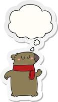 cartoon bear with scarf and thought bubble as a printed sticker vector