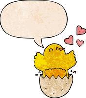 cute hatching chick cartoon and speech bubble in retro texture style vector