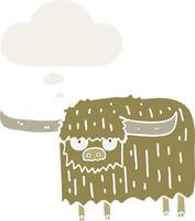 cartoon hairy cow and thought bubble in retro style vector