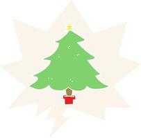 árbol de navidad de dibujos animados y bocadillo de diálogo en estilo retro vector