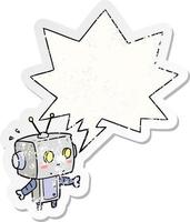 cute cartoon surprised robot and speech bubble distressed sticker vector