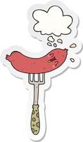 cartoon happy sausage on fork and thought bubble as a printed sticker vector