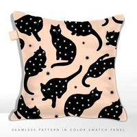 Vector Mysterious Black Cat Silhouette Seamless Fabric Pattern on Cushion, with Star Decor, Coral Black.