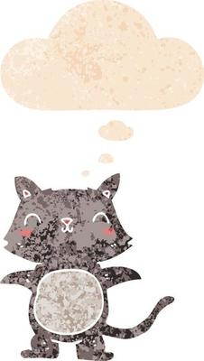 cartoon cat and thought bubble in retro textured style