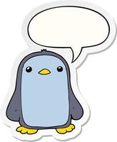 lindo pingüino de dibujos animados y etiqueta engomada de la burbuja del discurso vector
