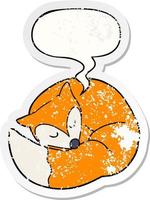 cartoon sleeping fox and speech bubble distressed sticker vector
