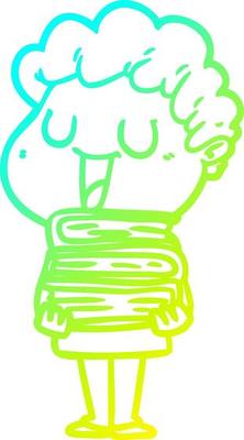 cold gradient line drawing laughing cartoon man with books