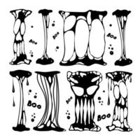 A set for working with blobs. Doodle style drawn elements. Black splashes of slime, stretching slime, toxic dripping slime. Slime splatter and droplets, liquid borders. Isolated vector shapes