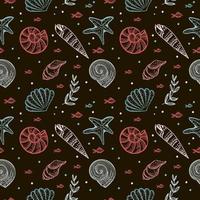 Seamless pattern, hand-drawn sea creatures in sketch style. Shells and seaweed. Black background. Isolated. Summer. Ocean. Flat design. Vector illustration