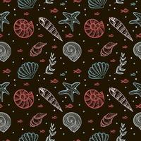 Seamless pattern, hand-drawn sea creatures in sketch style. Shells and seaweed. Black background. Isolated. Summer. Ocean. Flat design. Vector illustration