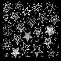 un conjunto de lindas estrellas de garabatos dibujadas a mano. Objetos de diferentes formas, tamaños y patrones. elementos de diseño sobre un fondo negro vector