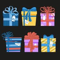 Collection of gift boxes, hand-painted in a flat style. Set of different gifts with different patterns. Bright colors. Holiday. Christmas. Vector simple illustration