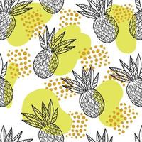 Seamless pineapple pattern, hand-drawn doodle in sketch style. Large pineapple with fluffy foliage and abstract spots. Vegan. Eco. Summer. exotica vector