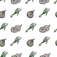 Seamless spice pattern, drawn element in doodle style. Culinary, Kitchen. Herbs and spices - onion, garlic and green onion feathers. Pattern in a fashionable linear style and green palette vector
