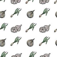 Seamless spice pattern, drawn element in doodle style. Culinary, Kitchen. Herbs and spices - onion, garlic and green onion feathers. Pattern in a fashionable linear style and green palette vector