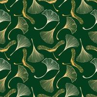 A seamless ginkgo and maple leaf pattern in sketch style. Orange leaves on a dark green background. Leaves in the shape of a duck's foot. Autumn. Mystical skeletons of leaves vector