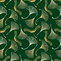 A seamless ginkgo and maple leaf pattern in sketch style. Orange leaves on a dark green background. Leaves in the shape of a duck's foot. Autumn. Mystical skeletons of leaves vector