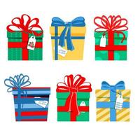 A collection of hand-painted gift boxes in a flat style. Set of different gifts with different patterns. Bright colors. Holiday. Christmas. Vector simple illustration