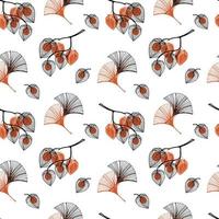 A seamless hand-drawn pattern of ginkgo leaves and a branch of a physalis in sketch style. Orange leaves and fruit on white background. Shaped leaves in the shape of a duck's foot. Autumn. Mystic vector