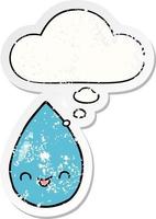 cartoon cute raindrop and thought bubble as a distressed worn sticker vector