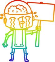 rainbow gradient line drawing cartoon crying robot waving sign vector