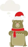 cartoon bear wearing christmas hat and thought bubble in retro style vector