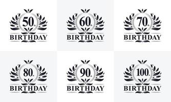 Vintage Retro Birthday logo set. Luxurious golden birthday logo bundle. 50th, 60th, 70th, 80th, 90th, 100th happy birthday logo bundle. vector