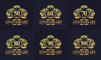 Vintage Retro Anniversary logo set. Luxurious golden anniversary logo bundle. 50th, 60th, 70th, 80th, 90th, 100th happy anniversary logo bundle. vector