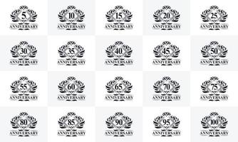 Happy anniversary logo bundle. Retro vintage anniversary logo set. 5th, 10th, 15th, 20th, 25th, 30th, 35th, 40th, 45th, 50th, 55th, 60th, 90th, 95th, 100th anniversary celebration logo bundle. vector
