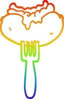 rainbow gradient line drawing cartoon hotdog with mustard and ketchup on fork vector