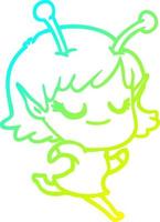 cold gradient line drawing smiling alien girl cartoon running vector